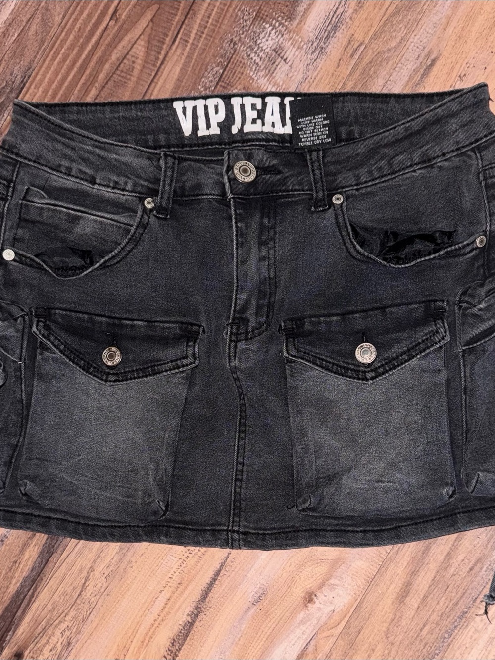 VIP Black Denim Mini Skirt with Front Flap Pockets